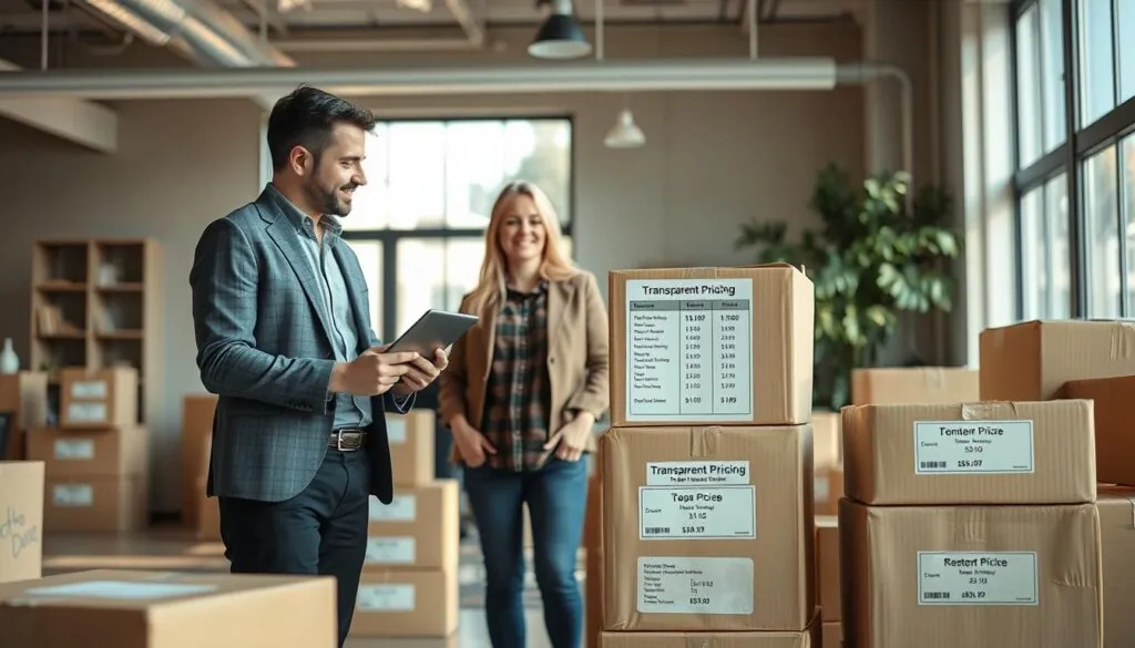 A clear and professional depiction of "transparent pricing" in the context of local moving services, showcasing an open, organized workspace. In the foreground, a friendly moving consultant in smart casual attire is discussing pricing options with a couple, pointing to a transparent price list on a digital tablet. The middle ground features neatly stacked moving boxes labeled with service descriptions and pricing, creating a sense of clarity and organization. In the background, soft natural light streams through large windows, illuminating a warm and welcoming office environment. The atmosphere is one of trust and professionalism, emphasizing clear communication and value in local moving. Use a soft-focus lens effect to create a warm, inviting mood.