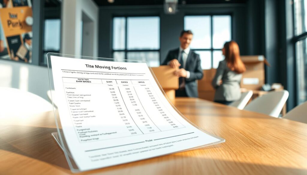 A close-up view of a transparent pricing document displayed on a sleek wooden table in a modern, well-lit office environment. In the foreground, the document features meticulously detailed charts and figures illustrating clear, easy-to-understand pricing options for local moving services. The middle ground shows a professional moving consultant in business attire, pointing to the pricing document with a friendly expression, engaging with a client whose back is turned toward the viewer. The background includes a blurred image of moving boxes and packing materials, conveying an atmosphere of organization and professionalism. Soft, natural light filters through large windows, creating a warm and inviting mood, with a focus on transparency and trust. The angle captures the essence of a collaborative discussion. A close-up view of a transparent pricing document displayed on a sleek wooden table in a modern, well-lit office environment. In the foreground, the document features meticulously detailed charts and figures illustrating clear, easy-to-understand pricing options for local moving services. The middle ground shows a professional moving consultant in business attire, pointing to the pricing document with a friendly expression, engaging with a client whose back is turned toward the viewer. The background includes a blurred image of moving boxes and packing materials, conveying an atmosphere of organization and professionalism. Soft, natural light filters through large windows, creating a warm and inviting mood, with a focus on transparency and trust. The angle captures the essence of a collaborative discussion.