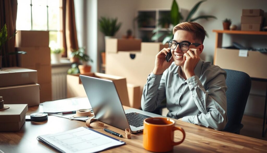 A cozy home office setting featuring a person sitting at a desk, smiling while speaking on the phone, surrounded by moving-related items like boxes, packing tape, and a laptop displaying a user-friendly booking website. The foreground includes the person, dressed in a professional attire, highlighting an approachable demeanor. In the middle, the desk is cluttered with moving supplies, an open notepad with a checklist, and a stylish coffee mug. The background shows a bright, inviting window with natural light streaming in, and some plants to add a touch of greenery. The atmosphere is warm and efficient, capturing the essence of easy, modern booking for relocations, with a focus on seamless communication.