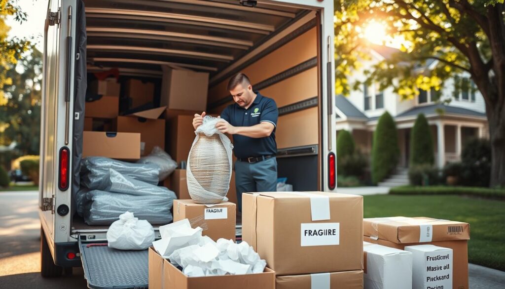A cozy, well-lit moving truck parked in a suburban driveway, filled with neatly packed boxes, bubble wrap, and protective packing materials. In the foreground, a professional mover in a branded polo shirt is carefully wrapping a delicate vase in bubble wrap, focusing on safeguarding it during transport. The middle ground features a couple of stacked boxes labeled with fragile items, surrounded by crumpled packing paper and foam peanuts, creating a sense of organized chaos. The background shows a charming rural home, creating a warm atmosphere emphasizing trust and care in the moving process. Soft, natural sunlight filters through the trees, casting gentle shadows and enhancing the welcoming mood of the scene.