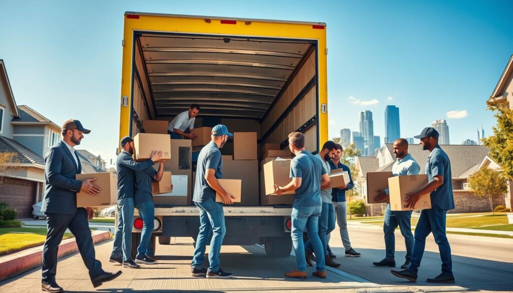 A dedicated long-distance moving team preparing for a big job, set against a backdrop of a sunny Austin neighborhood. In the foreground, professional movers in smart casual attire are loading boxes into a bright, branded moving truck, displaying teamwork and concentration. The middle ground features a diverse group of movers coordinating their efforts, showcasing a sense of camaraderie and support as they carefully handle furniture. In the background, the Austin skyline appears with clear blue skies, symbolizing the journey ahead to Jonestown. The lighting is warm and inviting, with soft shadows casting from the afternoon sun, creating an atmosphere of reliability and trust. The image captures the essence of readiness and professionalism in the moving process, emphasizing the importance of a cohesive team. A dedicated long-distance moving team preparing for a big job, set against a backdrop of a sunny Austin neighborhood. In the foreground, professional movers in smart casual attire are loading boxes into a bright, branded moving truck, displaying teamwork and concentration. The middle ground features a diverse group of movers coordinating their efforts, showcasing a sense of camaraderie and support as they carefully handle furniture. In the background, the Austin skyline appears with clear blue skies, symbolizing the journey ahead to Jonestown. The lighting is warm and inviting, with soft shadows casting from the afternoon sun, creating an atmosphere of reliability and trust. The image captures the essence of readiness and professionalism in the moving process, emphasizing the importance of a cohesive team.