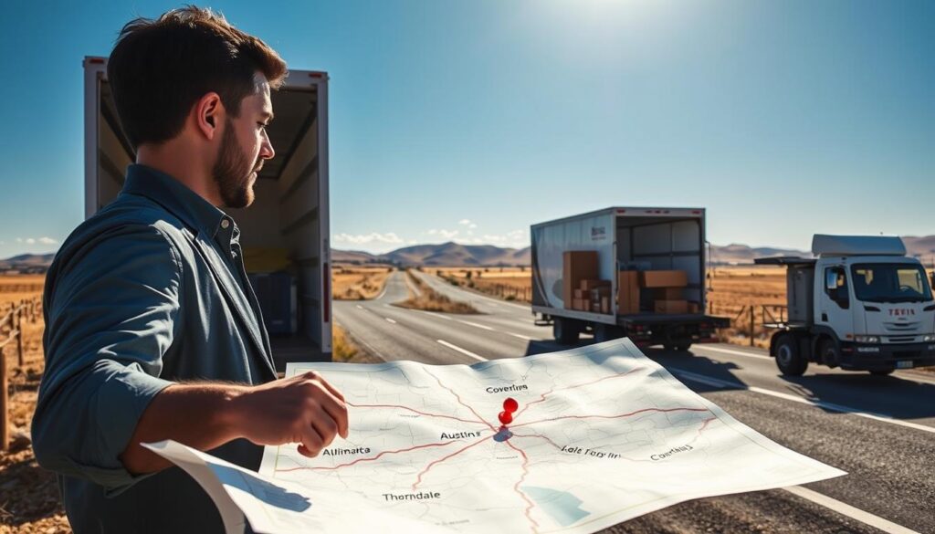 A detailed illustration of coverage logistics in a local moving context, focusing on the route between Austin and Thorndale. In the foreground, a professional mover in business attire is examining a large map with strategic points marked, emphasizing timing and access. In the middle ground, a well-organized moving truck is parked, with boxes and furniture carefully loaded. The background features a scenic view of Texas countryside, showcasing open roads and gentle hills under a clear blue sky, enhancing the sense of journey. The lighting is bright and sunny, creating an optimistic atmosphere. The image is captured from a slightly elevated angle, giving a comprehensive overview of the logistics involved in the move.