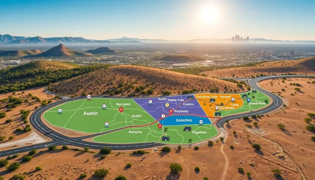A detailed service area map illustrating the regions around Austin and Marble Falls, Texas, showcasing key locations and routes. In the foreground, display a winding road connecting Austin, Marble Falls, and nearby communities, marked with icons representing residential areas, parks, and businesses. The middle section features colorful, labeled areas highlighting each community, blending vibrant greens, blues, and earthy tones. In the background, create a subtle depiction of Texas hills and the skyline of Austin, under a clear blue sky with soft sunlight illuminating the scene. The overall mood is inviting and professional, emphasizing ease of navigation and accessibility for movers, with crisp details and a clean layout. No text, captions, or watermarks. A detailed service area map illustrating the regions around Austin and Marble Falls, Texas, showcasing key locations and routes. In the foreground, display a winding road connecting Austin, Marble Falls, and nearby communities, marked with icons representing residential areas, parks, and businesses. The middle section features colorful, labeled areas highlighting each community, blending vibrant greens, blues, and earthy tones. In the background, create a subtle depiction of Texas hills and the skyline of Austin, under a clear blue sky with soft sunlight illuminating the scene. The overall mood is inviting and professional, emphasizing ease of navigation and accessibility for movers, with crisp details and a clean layout. No text, captions, or watermarks.