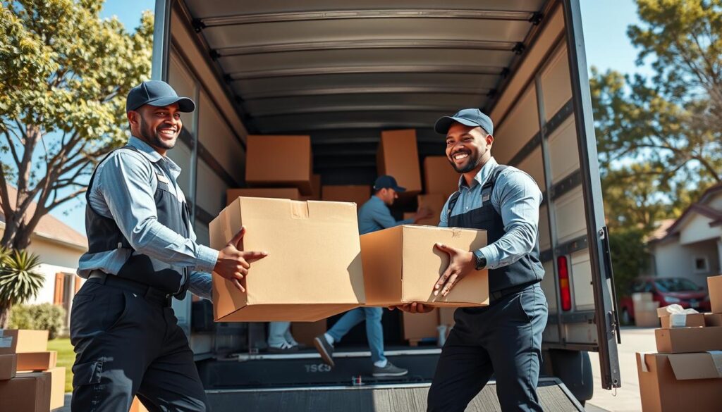 A dynamic moving team in action, showcasing professionalism and teamwork. In the foreground, two movers in neat uniforms, one lifting a heavy box and the other guiding it carefully, both smiling and focused. In the middle, a third team member arranges furniture onto a moving truck, ensuring everything is secure with protective padding. The background reveals a well-organized home being packed, with boxes stacked neatly and a pleasant suburban setting with trees and a clear blue sky. The lighting is bright and natural, capturing a cheerful and energetic atmosphere, shot with a slightly low angle to emphasize the teamwork. The mood conveys a sense of trust and reliability, perfect for a seamless moving experience. A dynamic moving team in action, showcasing professionalism and teamwork. In the foreground, two movers in neat uniforms, one lifting a heavy box and the other guiding it carefully, both smiling and focused. In the middle, a third team member arranges furniture onto a moving truck, ensuring everything is secure with protective padding. The background reveals a well-organized home being packed, with boxes stacked neatly and a pleasant suburban setting with trees and a clear blue sky. The lighting is bright and natural, capturing a cheerful and energetic atmosphere, shot with a slightly low angle to emphasize the teamwork. The mood conveys a sense of trust and reliability, perfect for a seamless moving experience.