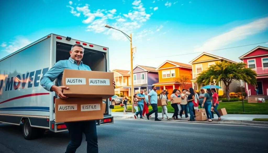 A dynamic scene depicting a moving van on a bustling street in Brownsville, Texas. In the foreground, a professional mover, dressed in a clean uniform, carries boxes labeled with various Austin neighborhoods' names, symbolizing the journey. The middle ground features a diverse group of families unpacking their belongings in a sunny Brownsville community park, with colorful houses in the background representing the local architecture. The sky is a clear blue, casting warm, inviting light over the scene, accentuating a sense of community and transition. Use a wide-angle lens to capture the vibrancy and warmth of the moving experience, evoking a feeling of connection and the joy of new beginnings. The atmosphere is lively and positive, showcasing both the hustle of moving and the excitement of settling into a new place.