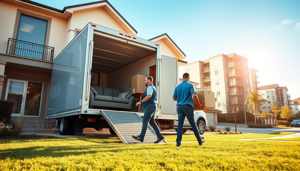 A dynamic scene depicting a professional residential moving service in action, featuring a moving truck parked in front of a modern suburban house. In the foreground, two movers in professional attire are carefully loading furniture, including a couch and boxes, into the truck. The middle ground shows the house's welcoming entrance, with plants and a clean yard, while a nearby condo and apartment building provide context for diverse living arrangements. In the background, a clear blue sky casts warm, natural light, enhancing the vibrant atmosphere of a busy moving day. The image should convey a sense of professionalism, efficiency, and community support, all framed from a slightly low angle to emphasize the action and spaciousness of the scene.