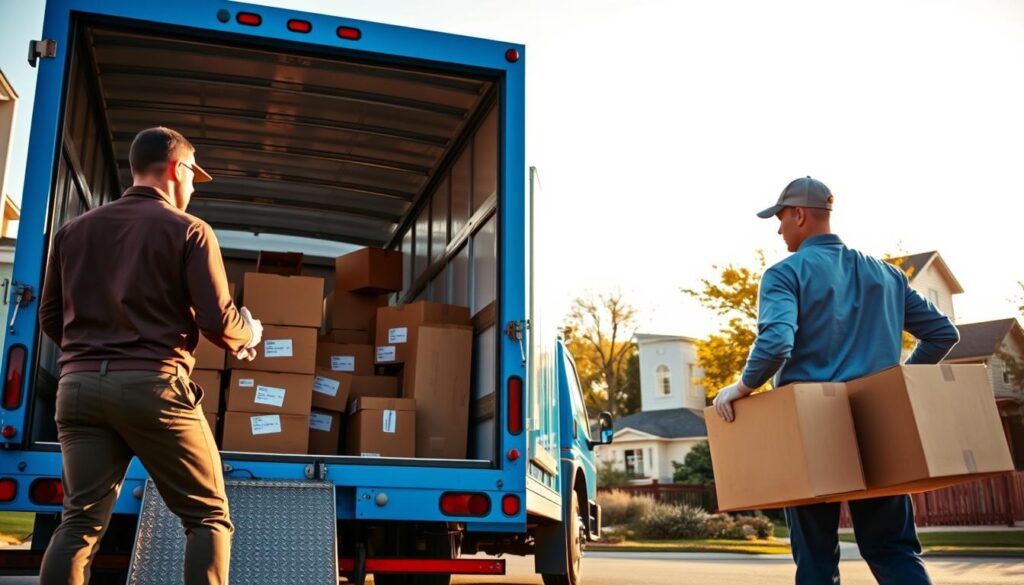 A dynamic scene depicting local movers in Austin, Texas, efficiently loading a bright blue moving truck with carefully packed boxes. In the foreground, two professional movers, dressed in smart work attire, coordinate their efforts, showcasing teamwork and expertise. The middle ground features the back of the truck open, revealing a well-organized interior filled with labeled boxes and furniture, ready for transport. In the background, glimpses of typical Austin architecture and lush greenery hint at the residential area, bathed in warm, golden sunlight suggesting late afternoon. A vibrant, clear sky enhances the positive mood, evoking a sense of trust and reliability in the moving process. The image captures the essence of a smooth, professional residential move from Austin to Onion Creek, focusing on local knowledge and community spirit. A dynamic scene depicting local movers in Austin, Texas, efficiently loading a bright blue moving truck with carefully packed boxes. In the foreground, two professional movers, dressed in smart work attire, coordinate their efforts, showcasing teamwork and expertise. The middle ground features the back of the truck open, revealing a well-organized interior filled with labeled boxes and furniture, ready for transport. In the background, glimpses of typical Austin architecture and lush greenery hint at the residential area, bathed in warm, golden sunlight suggesting late afternoon. A vibrant, clear sky enhances the positive mood, evoking a sense of trust and reliability in the moving process. The image captures the essence of a smooth, professional residential move from Austin to Onion Creek, focusing on local knowledge and community spirit.