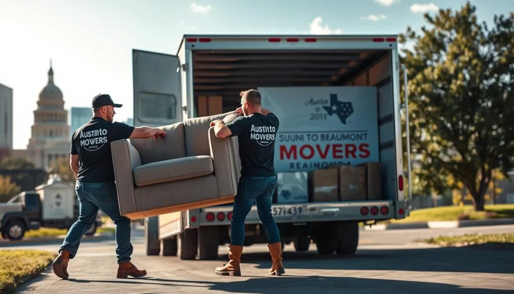 A dynamic scene of professional movers loading furniture into a moving truck, set against a backdrop of Austin's skyline blending into Beaumont’s landscape. The foreground features two movers dressed in branded t-shirts and durable work boots, focused on carefully lifting a large sofa. In the middle ground, a shiny moving truck with the logo "Austin to Beaumont Movers" stands open, revealing packed boxes and bubble-wrapped items. The background showcases the iconic elements of both cities: the Texas Capitol in Austin and trees symbolizing Beaumont’s lush areas. Bright natural lighting casts soft shadows, while the angle captures an energetic and collaborative atmosphere, illustrating the efficiency and professionalism of the moving service.