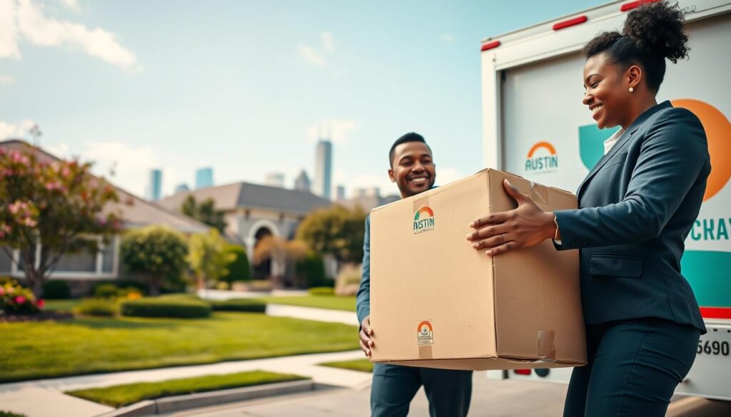 A dynamic scene showcasing a professional moving service in action. In the foreground, two movers in professional attire lift a large cardboard box, displaying teamwork and efficiency. One is a Hispanic male with short hair, while the other is an African American female with an updo, both smiling and focused. In the middle ground, a truck with a vibrant company logo parked beside a suburban home surrounded by green lawns and blooming flowers. In the background, a sunny Austin skyline can be seen, symbolizing the connection from Austin to Manor. The lighting is bright and cheerful, evoking a sense of reliability and ease. The overall atmosphere is upbeat and organized, illustrating comprehensive moving services tailored to customer needs. Use a wide-angle lens to capture the expansive scene vibrantly. A dynamic scene showcasing a professional moving service in action. In the foreground, two movers in professional attire lift a large cardboard box, displaying teamwork and efficiency. One is a Hispanic male with short hair, while the other is an African American female with an updo, both smiling and focused. In the middle ground, a truck with a vibrant company logo parked beside a suburban home surrounded by green lawns and blooming flowers. In the background, a sunny Austin skyline can be seen, symbolizing the connection from Austin to Manor. The lighting is bright and cheerful, evoking a sense of reliability and ease. The overall atmosphere is upbeat and organized, illustrating comprehensive moving services tailored to customer needs. Use a wide-angle lens to capture the expansive scene vibrantly.