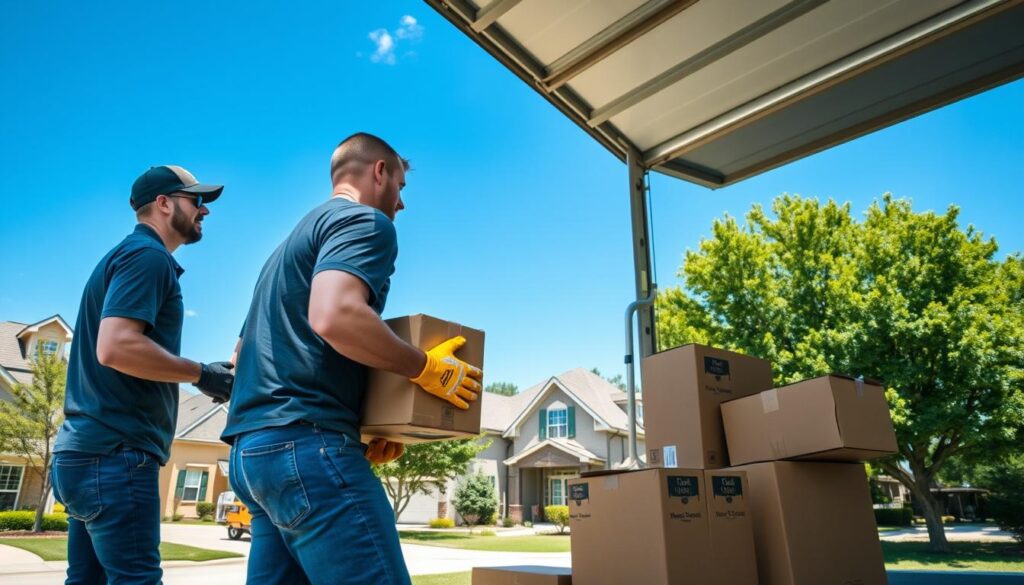 A dynamic scene showcasing local movers in action, emphasizing professionalism and expertise in a long-distance moving context. In the foreground, two movers, dressed in branded company shirts and work gloves, are carefully loading a moving truck with neatly packed boxes. The middle ground features a vibrant, clear blue sky above a suburban neighborhood representative of Central Texas, with a mix of modern and traditional homes. The background includes lush green trees typical of the East Texas landscape. Natural daylight illuminates the scene warmly, capturing a sense of trust and reliability. The camera angle is slightly low and wide, offering a comprehensive view of the teamwork and care involved in the moving process, conveying a positive and uplifting atmosphere.