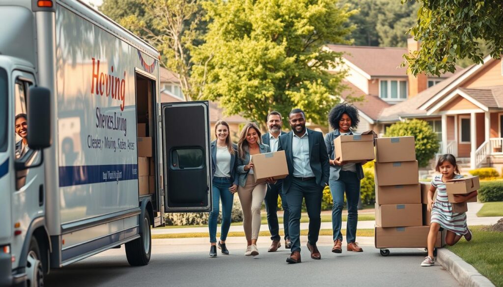 A dynamic scene showcasing the concept of moving service areas across vibrant neighborhoods. In the foreground, a reliable moving truck is parked, prominently displaying the company's logo. The truck's doors are open, revealing neatly stacked moving boxes. In the middle ground, diverse, professional movers in business attire are energetically assisting a family, adding an element of teamwork. Lush greenery and suburban homes quintessentially represent Austin, Round Rock, Cedar Park, and Granger in the background, with identifiable landmarks subtly integrated. Soft, natural lighting floods the scene, highlighting the movers' expressions of determination and friendliness as they engage with clients. A wide-angle view captures the bustling atmosphere, embodying a community-centric vibe and the spirit of local service.