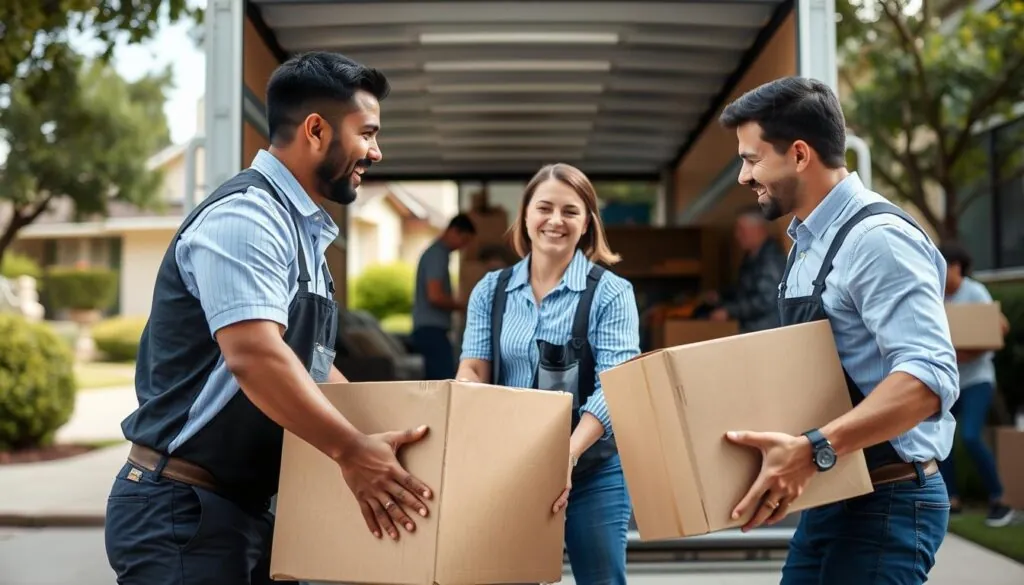 A friendly, professional moving team working diligently in a suburban setting, showcasing their expertise and care. In the foreground, two movers in smart, modest casual attire are carefully handling a large cardboard box and gently placing it into a moving truck. In the middle ground, additional team members are seen organizing furniture and assisting a family with their belongings, all exuding teamwork and communication. The background features a sunny Austin neighborhood with charming homes and greenery, creating a warm and inviting atmosphere. Soft, natural lighting enhances the scene, while a slightly elevated angle captures the hustle and bustle of the moving process, conveying trust and efficiency.
