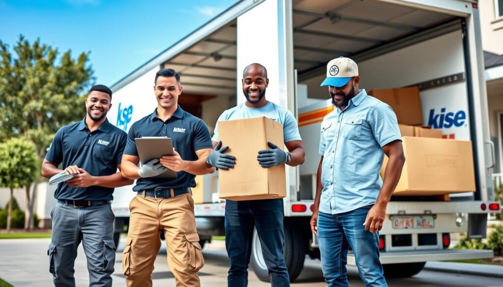 A group of three diverse, professional movers standing confidently in front of a well-organized moving truck parked outside a modern residential home. In the foreground, one mover is holding a clipboard, wearing a branded polo shirt and cargo pants, showcasing professionalism. Another mover is lifting a box while wearing gloves and a cap, demonstrating strength and teamwork, and the third is checking their equipment with a friendly smile. The middle ground features the truck with the company logo clearly visible, and neatly arranged furniture and boxes inside. In the background, there are trees and a clear blue sky, suggesting a bright, sunny day. The mood is positive and trustworthy, with soft natural lighting enhancing the scene. Capture this from a slightly low angle to emphasize the team’s expertise and reliability.