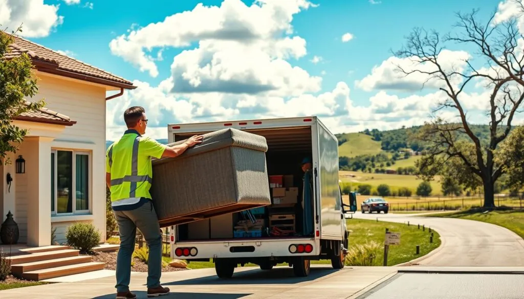 A lively and bustling moving scene depicting professional movers transporting boxes and furniture from a stylish house in Austin to a scenic location in Wimberley. In the foreground, two movers in bright, matching uniforms are carefully lifting a couch, showcasing teamwork and efficiency. In the middle ground, a moving truck is parked with its back doors open, revealing neatly stacked boxes and tools, emphasizing organized service. The backdrop features the beautiful Texas Hill Country, with rolling green hills and a bright blue sky dotted with fluffy clouds, conveying a sense of tranquility and ease. The lighting is warm and inviting, suggesting a clear afternoon. The atmosphere is energetic yet relaxed, illustrating a stress-free moving experience from door to door.