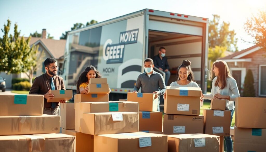 A lively scene depicting a family preparing for their move to Manor, TX. In the foreground, a diverse family of four, dressed in casual, professional attire, is actively packing boxes with various household items. They are surrounded by neatly stacked moving boxes, labels clearly visible. In the middle ground, a moving truck is parked outside a cozy suburban home, showcasing a bright sunny day with soft, natural lighting creating a cheerful atmosphere. In the background, you can see trees and a clear blue sky, emphasizing a serene suburban neighborhood. The overall mood is one of excitement and organization, reflecting a smooth and efficient moving process. The image captures the essence of preparation and teamwork in relocation. A lively scene depicting a family preparing for their move to Manor, TX. In the foreground, a diverse family of four, dressed in casual, professional attire, is actively packing boxes with various household items. They are surrounded by neatly stacked moving boxes, labels clearly visible. In the middle ground, a moving truck is parked outside a cozy suburban home, showcasing a bright sunny day with soft, natural lighting creating a cheerful atmosphere. In the background, you can see trees and a clear blue sky, emphasizing a serene suburban neighborhood. The overall mood is one of excitement and organization, reflecting a smooth and efficient moving process. The image captures the essence of preparation and teamwork in relocation.