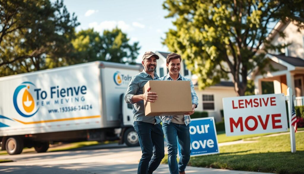 A lively scene depicting a professional moving crew in action in a residential neighborhood. In the foreground, two movers in modest business attire are carefully handling a large cardboard box, showcasing teamwork and efficiency. In the middle ground, a modern moving truck with the company's logo is parked in front of a charming suburban home, with a "Book Your Move" sign creatively placed nearby. The background features lush trees, blue skies, and friendly houses, evoking a sense of community. Soft, warm lighting enhances the scene, casting gentle shadows. Use a wide-angle perspective to capture the bustling atmosphere, suggesting a reliable and friendly service for scheduling moves from Austin to Manchaca. A lively scene depicting a professional moving crew in action in a residential neighborhood. In the foreground, two movers in modest business attire are carefully handling a large cardboard box, showcasing teamwork and efficiency. In the middle ground, a modern moving truck with the company's logo is parked in front of a charming suburban home, with a "Book Your Move" sign creatively placed nearby. The background features lush trees, blue skies, and friendly houses, evoking a sense of community. Soft, warm lighting enhances the scene, casting gentle shadows. Use a wide-angle perspective to capture the bustling atmosphere, suggesting a reliable and friendly service for scheduling moves from Austin to Manchaca.