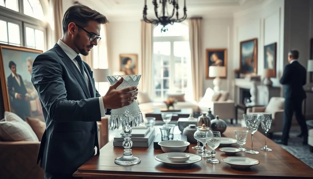 A luxurious packing scene in a well-appointed home environment, showcasing a professional moving team in smart, casual attire. In the foreground, an elegantly dressed mover is carefully wrapping a delicate crystal vase with bubble wrap, exuding attention to detail and care. In the middle ground, various high-end items like paintings, glassware, and fine china are organized on a stylish wooden table, ready for packing. The background features a spacious, sunlit living room with tasteful decor, including soft furniture and upscale art. The mood is calm and meticulous, illuminated by soft, natural light filtering through large windows, creating a warm and inviting atmosphere. The angle captures the action up close, emphasizing the precision and care involved in white-glove packing services. A luxurious packing scene in a well-appointed home environment, showcasing a professional moving team in smart, casual attire. In the foreground, an elegantly dressed mover is carefully wrapping a delicate crystal vase with bubble wrap, exuding attention to detail and care. In the middle ground, various high-end items like paintings, glassware, and fine china are organized on a stylish wooden table, ready for packing. The background features a spacious, sunlit living room with tasteful decor, including soft furniture and upscale art. The mood is calm and meticulous, illuminated by soft, natural light filtering through large windows, creating a warm and inviting atmosphere. The angle captures the action up close, emphasizing the precision and care involved in white-glove packing services.