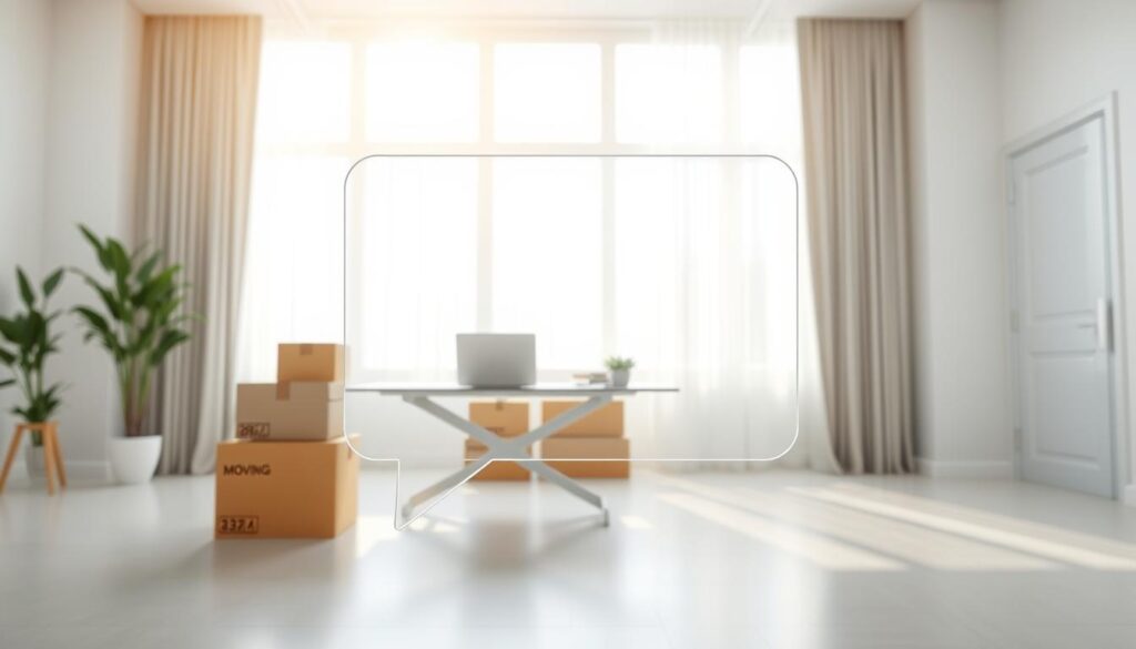 A minimalist and elegant image depicting a transparent quote bubble in a bright, inviting office environment. In the foreground, the quote bubble is made of clear glass or light material, allowing it to blend seamlessly into the surroundings while highlighting the transparency theme. The middle ground features a stylish desk with a laptop and moving boxes neatly arranged, symbolizing the moving services. In the background, soft natural light streams through large windows adorned with elegant curtains, creating a warm and professional atmosphere. The lens perspective is slightly elevated, capturing the beauty of the workspace while emphasizing clarity and costs. The mood is clean, modern, and positive, showcasing the essence of transparent communication in business.