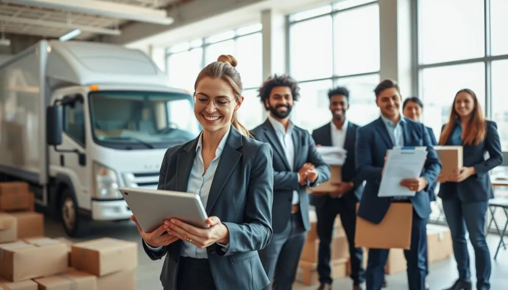 A modern office environment featuring a diverse group of professional movers in business attire, showcasing their efficiency and teamwork. In the foreground, a smiling woman is using a tablet to provide a quote, with a stylish moving truck visible nearby. The middle ground includes a well-organized office space filled with moving supplies like boxes, packing tape, and moving blankets, suggesting a bustling atmosphere. In the background, large windows let in bright, natural light, casting soft shadows and creating a warm, inviting feel. The overall mood is upbeat and professional, emphasizing reliability and prompt service. The angle is slightly elevated, capturing both the movers and the workspace in an engaging composition. A modern office environment featuring a diverse group of professional movers in business attire, showcasing their efficiency and teamwork. In the foreground, a smiling woman is using a tablet to provide a quote, with a stylish moving truck visible nearby. The middle ground includes a well-organized office space filled with moving supplies like boxes, packing tape, and moving blankets, suggesting a bustling atmosphere. In the background, large windows let in bright, natural light, casting soft shadows and creating a warm, inviting feel. The overall mood is upbeat and professional, emphasizing reliability and prompt service. The angle is slightly elevated, capturing both the movers and the workspace in an engaging composition.
