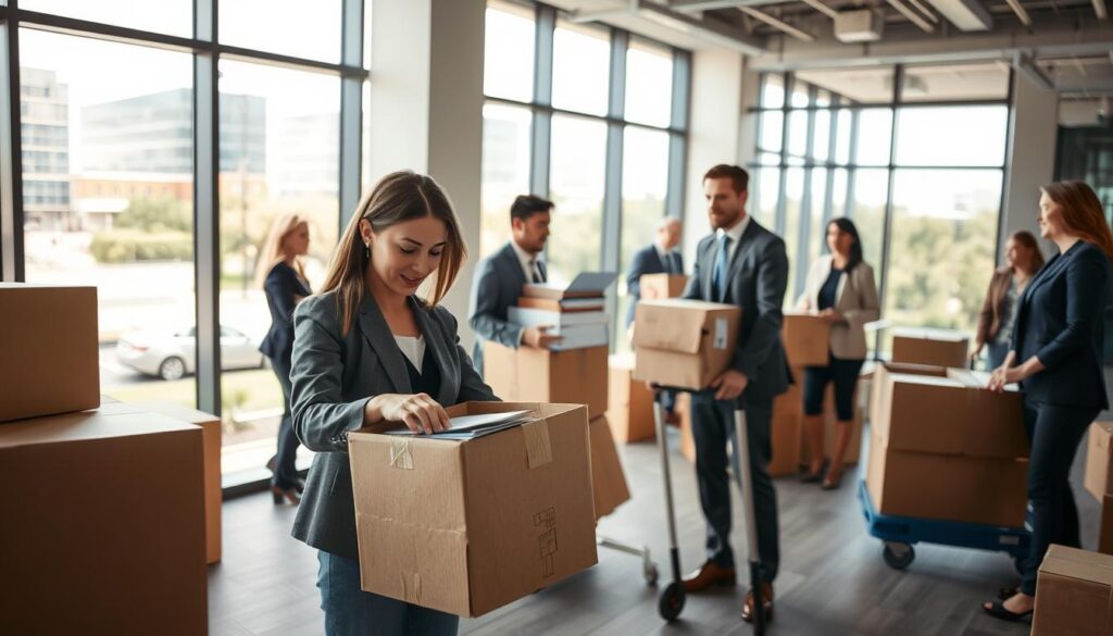 A modern office interior during a relocation process, featuring a busy scene with a diverse group of professionals in business attire, packing and moving boxes. In the foreground, a focused woman is carefully labeling a box, while in the middle, a man is lifting a stack of files onto a dolly. The office has large windows letting in bright, natural light, illuminating the space with a warm atmosphere. In the background, partially visible is a bustling street of Austin transitioning to the greenery of Conroe, symbolizing the move. The perspective captures depth, with a slight focus on the moving activity, evoking a sense of transition and new beginnings. Use a wide-angle lens to enhance the spacious feel.