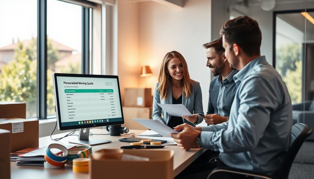 A modern office setting with a bright, inviting atmosphere, featuring a desk cluttered with moving supplies like boxes, tape, and a computer displaying a personalized moving quote. In the foreground, a business professional in smart casual attire is reviewing documents, engaged in conversation with a client, depicted as a friendly couple reviewing their options. The middle ground includes a sleek, large window showing a sunny day outside, with greenery visible in a neighborhood setting, conveying a sense of community. Soft, warm lighting illuminates the scene, creating an inviting and professional mood, while a slight depth of field blurs the background, enhancing focus on the personalized quote interaction. The overall ambiance feels welcoming and organized, promoting smooth and stress-free moving.