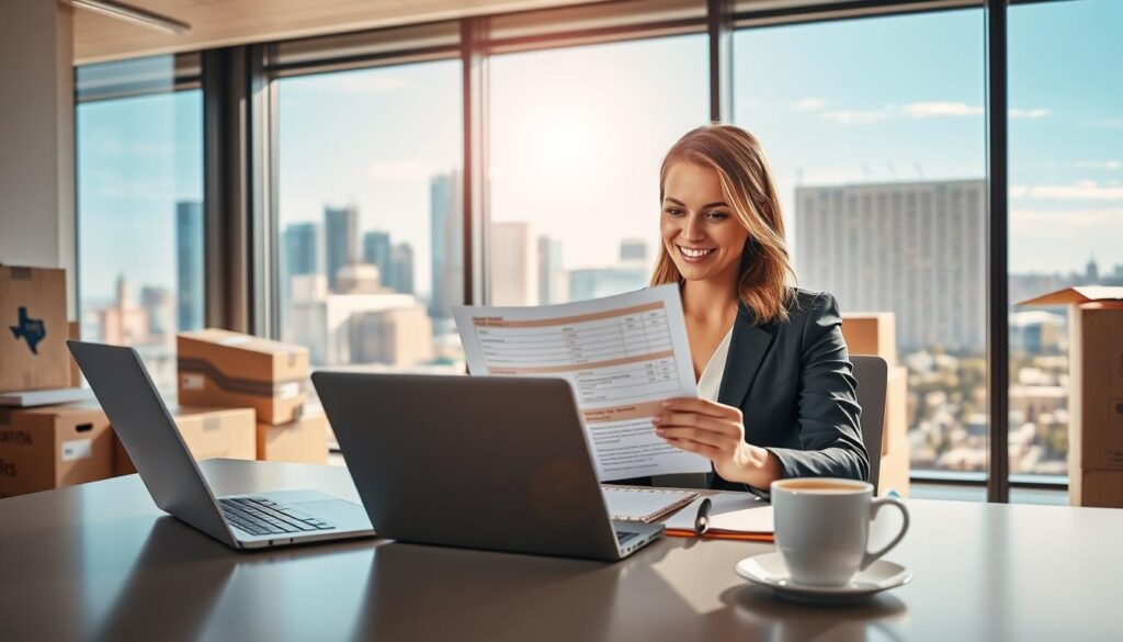 A modern office space is depicted in the foreground, featuring a sleek desk with a laptop, a notepad, and a cup of coffee. A confident, professionally dressed woman sits at the desk, scanning a colorful moving quote document, with a look of satisfaction on her face. In the middle ground, a window reveals a bustling cityscape of Austin, with a clear blue sky and sunlight streaming through, creating a warm and optimistic atmosphere. The background includes elements like moving boxes stacked neatly and a partially open map of Texas, hinting at long-distance moving routes. The lighting is bright and inviting, suggesting a productive work environment. The composition captures the essence of obtaining a moving quote, blending professionalism with a sense of ease.