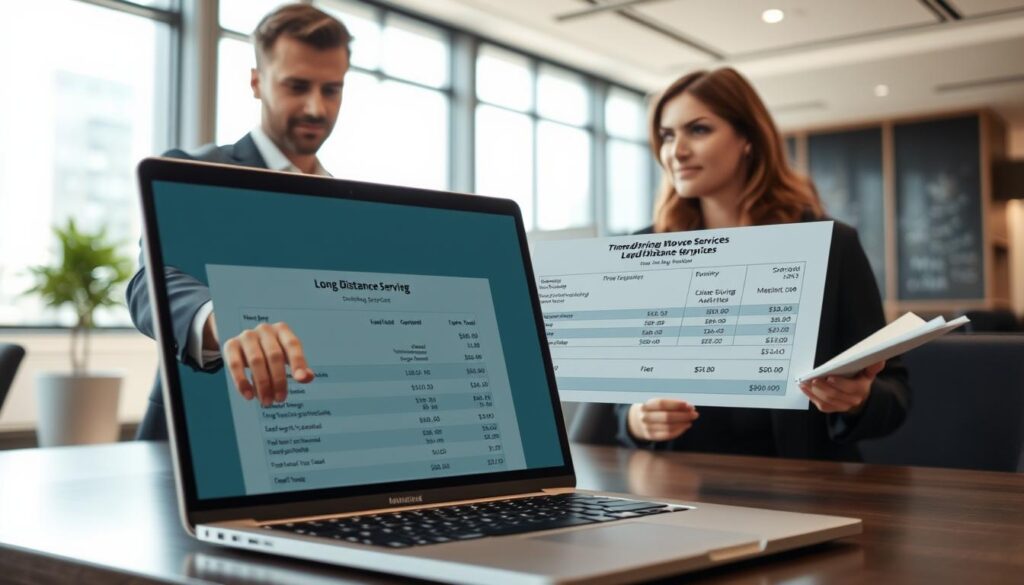 A modern office workspace featuring a smartly dressed man and woman engaged in a professional discussion over a laptop displaying a detailed pricing estimate for long-distance moving services. In the foreground, a clear view of the laptop screen shows a formulated quote with line items for distance, weight, and additional services. The middle layer captures the focused expressions of the individuals, one pointing at the screen while the other takes notes on a notepad. The background features a serene office setting with large windows allowing natural light to stream in, creating a warm and inviting atmosphere. The mood is professional and collaborative, suggesting transparency and reliability in pricing estimations. Use soft, diffused lighting for a friendly yet serious tone, with a slight depth of field to emphasize the subjects.