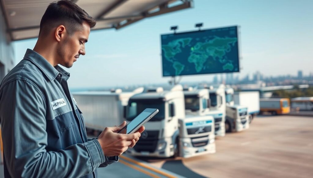 A modern, orderly transportation hub showcasing a fleet of delivery trucks parked along a loading dock. In the foreground, a professional mover in a branded uniform checks a digital tablet, monitoring transportation routes and delivery schedules. In the middle ground, delivery trucks with GPS tracking devices mounted on their roofs are lined up, while a digital screen displays real-time tracking data and maps. The background features a clear blue sky and distant city skyline, emphasizing efficiency and reliability. Soft, natural lighting creates a welcoming atmosphere, while a shallow depth of field draws attention to the mover and the technology in the scene, highlighting the commitment to on-time delivery.