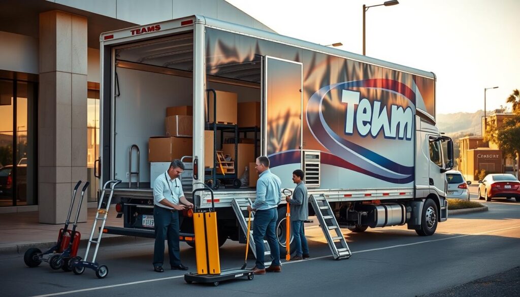 A modern team equipment truck parked in a well-organized loading area, prominently featuring the truck's sleek design with vibrant company colors. In the foreground, a professional moving crew in business attire and modest casual clothing prepares equipment, showcasing sophisticated moving tools like dollies, straps, and packing materials. The middle ground reveals the truck doors open, displaying various well-arranged equipment inside. In the background, a busy street with subtle hints of urban life, such as distant buildings and greenery, sets a dynamic scene. Warm daylight streams in, casting soft shadows that enhance the truck's glossy surface. The atmosphere conveys professionalism, reliability, and readiness for a local move, embodying a sense of teamwork and efficiency. A modern team equipment truck parked in a well-organized loading area, prominently featuring the truck's sleek design with vibrant company colors. In the foreground, a professional moving crew in business attire and modest casual clothing prepares equipment, showcasing sophisticated moving tools like dollies, straps, and packing materials. The middle ground reveals the truck doors open, displaying various well-arranged equipment inside. In the background, a busy street with subtle hints of urban life, such as distant buildings and greenery, sets a dynamic scene. Warm daylight streams in, casting soft shadows that enhance the truck's glossy surface. The atmosphere conveys professionalism, reliability, and readiness for a local move, embodying a sense of teamwork and efficiency.