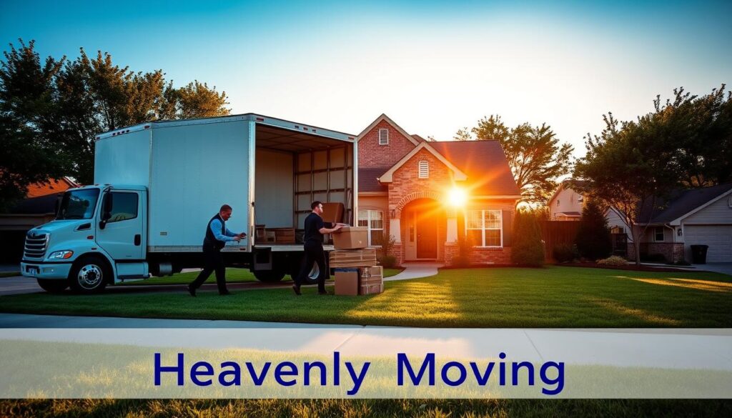 A moving truck parked in front of a charming suburban home in Round Rock, Texas during the golden hour. In the foreground, friendly movers in professional business attire are carefully loading boxes and furniture into the truck, showcasing their expertise and commitment to a stress-free relocation. The middle ground features the well-manicured lawn of the home, with a clear blue sky above, casting warm sunlight that enhances a sense of calm and reassurance. In the background, soft silhouettes of trees and neighboring houses create a serene, family-friendly neighborhood atmosphere. The composition conveys an inviting and trustworthy feeling, ideal for illustrating the ease of moving with Heavenly Moving, emphasizing teamwork and professionalism in the process. A moving truck parked in front of a charming suburban home in Round Rock, Texas during the golden hour. In the foreground, friendly movers in professional business attire are carefully loading boxes and furniture into the truck, showcasing their expertise and commitment to a stress-free relocation. The middle ground features the well-manicured lawn of the home, with a clear blue sky above, casting warm sunlight that enhances a sense of calm and reassurance. In the background, soft silhouettes of trees and neighboring houses create a serene, family-friendly neighborhood atmosphere. The composition conveys an inviting and trustworthy feeling, ideal for illustrating the ease of moving with Heavenly Moving, emphasizing teamwork and professionalism in the process.