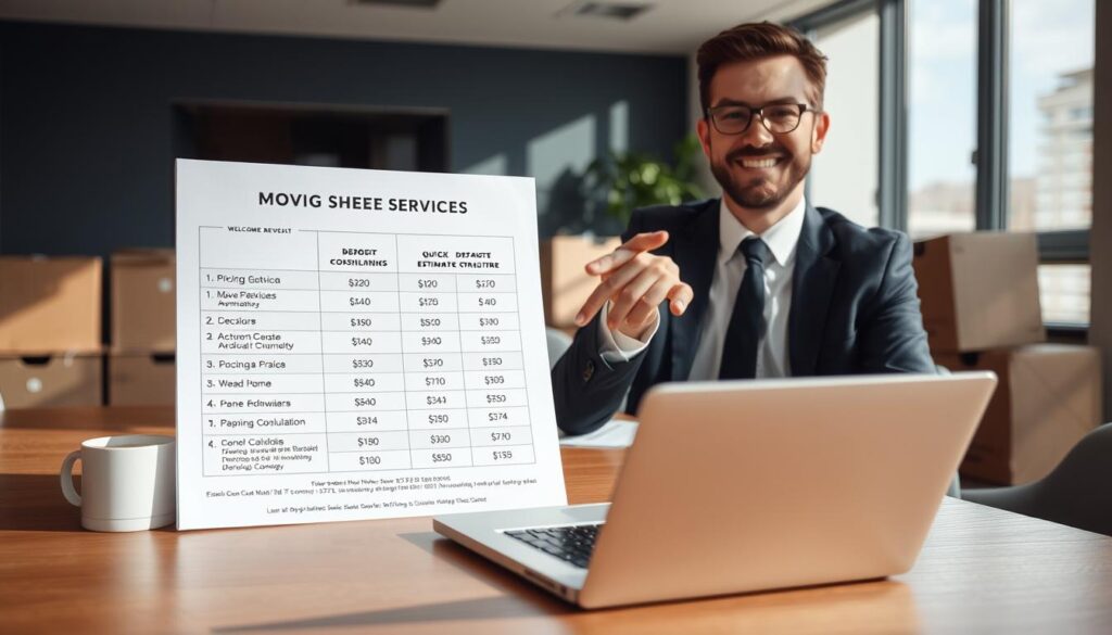 A neatly organized desk with a clear pricing sheet prominently displayed, featuring different moving service packages with transparent numbers and a simple deposit structure. In the foreground, a friendly, professional moving consultant in smart business attire is pointing to the pricing sheet, engaging with a potential customer. In the middle ground, a laptop with an open estimate calculator shows quick quote functionality. The background features an office environment with a large window allowing natural light to flood in, casting soft shadows, and enhancing the professional atmosphere. The mood is welcoming and efficient, showcasing clarity and simplicity in moving services.