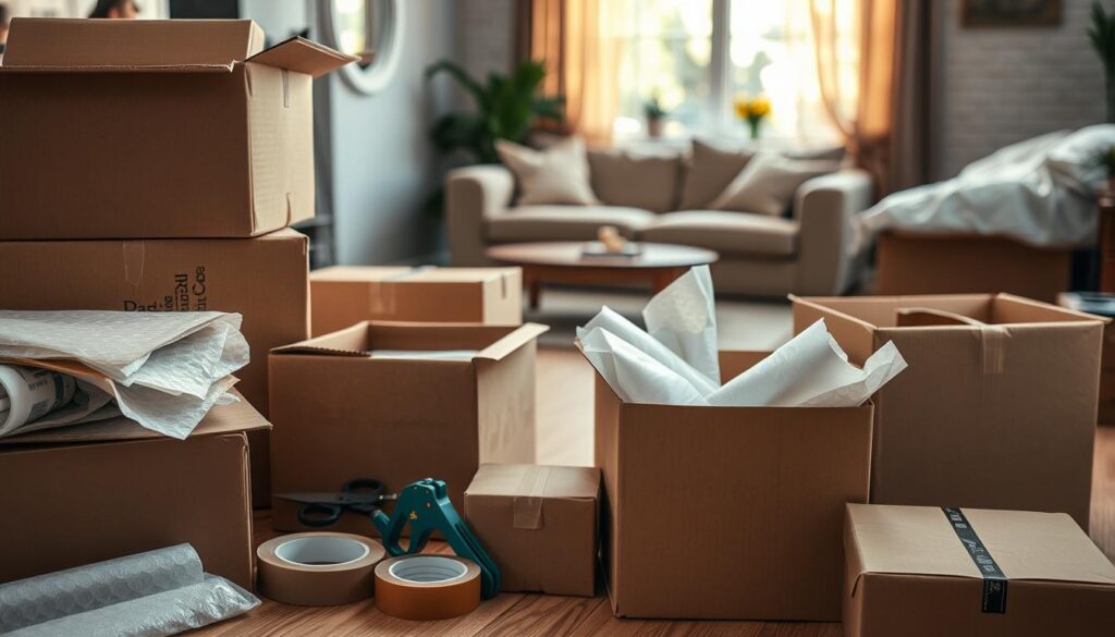 A neatly organized scene showcasing packing supplies for a move, featuring a variety of cardboard boxes of different sizes stacked in the foreground, some partially open revealing bubble wrap and packing paper. In the middle ground, include sturdy packing tape and scissors, alongside a tape dispenser, creating a sense of activity. In the background, a cozy living room is faintly visible, with furniture partially covered for protection, illuminated by warm, natural light coming through a window, casting soft shadows. The atmosphere is calm and focused, reflecting a stress-free moving process. The overall composition should evoke a sense of preparation and organization, with a lens focus on the packing supplies, emphasizing their importance in a successful move.