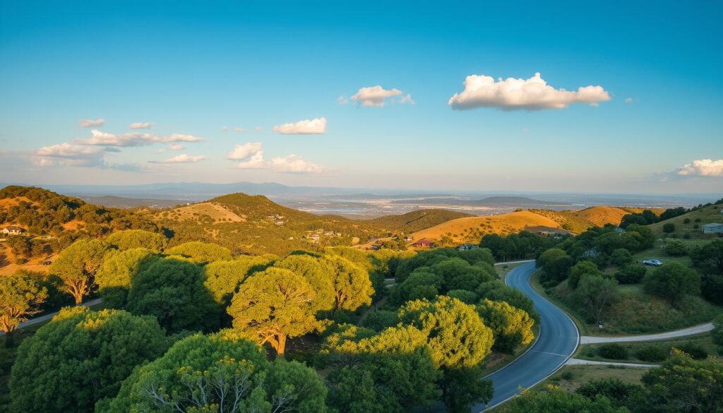 A picturesque aerial view of the Austin to Lago Vista route, showcasing undulating hills and lush greenery typical of the Texas Hill Country. In the foreground, a winding road curves through dense clusters of oak trees and vibrant wildflowers, illuminated by warm, golden sunlight. The middle ground features gently rolling hills, dotted with rustic homes and hints of the shimmering waters of Lake Travis. In the background, distant mountains create a tranquil horizon under a clear blue sky, with fluffy white clouds softly drifting. The image captures a serene and inviting atmosphere, emphasizing the natural beauty and appeal of the terrain along this scenic route. The shot is taken with a wide-angle lens to enhance depth and perspective, creating an immersive experience. A picturesque aerial view of the Austin to Lago Vista route, showcasing undulating hills and lush greenery typical of the Texas Hill Country. In the foreground, a winding road curves through dense clusters of oak trees and vibrant wildflowers, illuminated by warm, golden sunlight. The middle ground features gently rolling hills, dotted with rustic homes and hints of the shimmering waters of Lake Travis. In the background, distant mountains create a tranquil horizon under a clear blue sky, with fluffy white clouds softly drifting. The image captures a serene and inviting atmosphere, emphasizing the natural beauty and appeal of the terrain along this scenic route. The shot is taken with a wide-angle lens to enhance depth and perspective, creating an immersive experience.