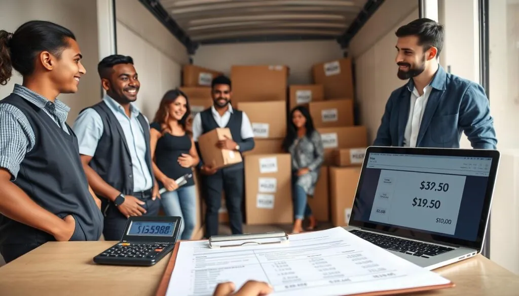 A professional and inviting scene depicting a flat-rate pricing structure for moving services. In the foreground, a diverse group of two movers in smart uniforms, engaged in a friendly discussion with a family, showcasing trust and transparency. The middle layer features an open clipboard with neatly arranged documents detailing pricing options, accompanied by a calculator and a laptop displaying a price breakdown. In the background, a well-organized moving truck surrounded by boxes labeled with varying prices reflects a flat-rate concept. The scene is bright and well-lit, using natural light to create a warm atmosphere, capturing the essence of a trustworthy moving service. The camera angle is slightly above eye level, providing a clear view of the interaction and environment.