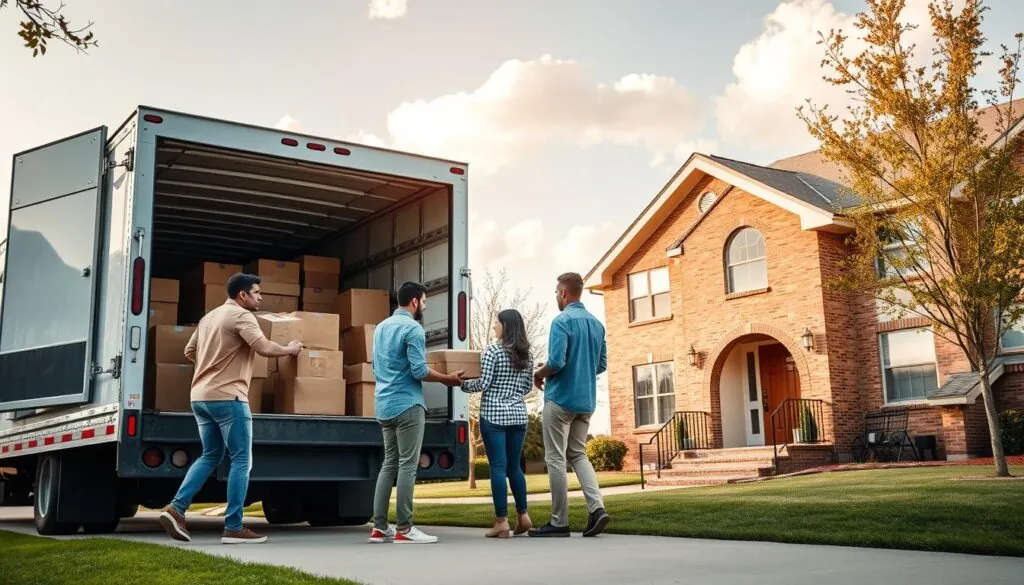 A professional long-distance moving process scene depicting a family preparing for a relocation from Austin to Mission. In the foreground, a family dressed in casual, modest clothing is carefully packing boxes and loading them into a spacious moving truck. The middle ground shows the truck, filled with well-organized boxes, parked in front of a cozy suburban home with a warm, welcoming facade. In the background, a bright Texas sky shines down, dotted with a few fluffy clouds, symbolizing a new beginning. The lighting is soft and natural, capturing a bright afternoon ambiance. The mood is filled with a sense of excitement and anticipation, reflecting the journey ahead.