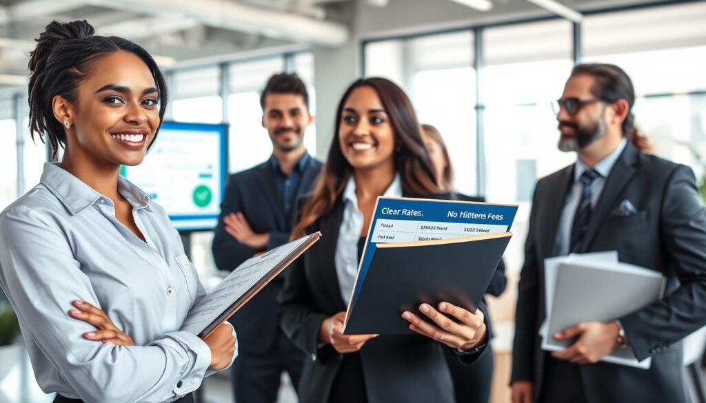A professional, modern office environment showcasing a team of diverse movers in business attire discussing clear, transparent pricing options. In the foreground, a confident woman holds a clipboard with visual representations of rates, emphasizing "Clear Rates, No Hidden Fees". The middle ground features a digital screen displaying an interactive quote tool, illustrating efficiency and speed. In the background, a bright, well-lit office with large windows allows natural light to stream in, creating an open and inviting atmosphere. The mood is professional yet approachable, highlighting trust and clarity in long-distance moving services. The angle is slightly elevated, capturing the dynamic interaction in the workspace. A professional, modern office environment showcasing a team of diverse movers in business attire discussing clear, transparent pricing options. In the foreground, a confident woman holds a clipboard with visual representations of rates, emphasizing "Clear Rates, No Hidden Fees". The middle ground features a digital screen displaying an interactive quote tool, illustrating efficiency and speed. In the background, a bright, well-lit office with large windows allows natural light to stream in, creating an open and inviting atmosphere. The mood is professional yet approachable, highlighting trust and clarity in long-distance moving services. The angle is slightly elevated, capturing the dynamic interaction in the workspace.