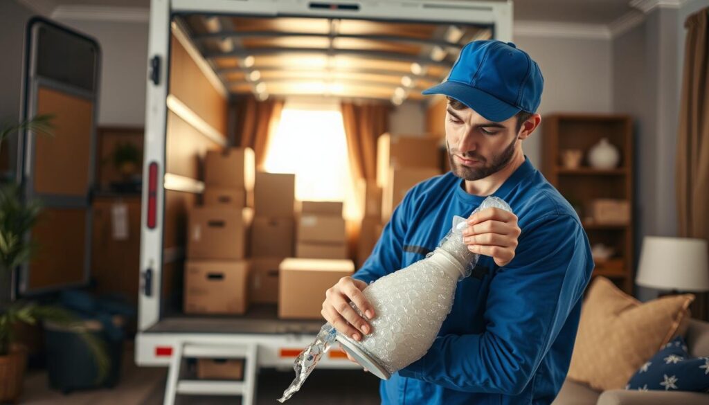 A professional mover carefully wraps a delicate vase with bubble wrap, showcasing attention to detail. In the foreground, the mover is dressed in a blue uniform, focused and diligent, demonstrating care in handling the fragile item. The middle layer includes a sturdy moving truck in the background, partially open, revealing neatly organized boxes and packing materials ready for transport. The background depicts a cozy living room with light streaming in through a window, illuminating the scene and creating a warm atmosphere. The angle is slightly elevated, capturing the action and the environment, emphasizing the protection of belongings during the moving process. The overall mood is diligent and reassuring, showcasing professionalism and reliability.