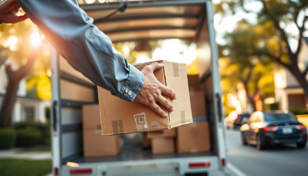 A professional mover in a crisp uniform carefully lifting a packed box, showcasing gentle handling techniques. The foreground features the mover's hands, emphasizing precision and focus, while the middle ground reveals a clean, organized moving truck filled with neatly stacked boxes, symbolizing reliability. In the background, a suburban street of Southwest Austin can be seen, highlighted by soft, warm afternoon sunlight filtering through the trees, creating a welcoming and trustworthy atmosphere. The image is captured with a shallow depth of field to emphasize the mover's concentration and the box being handled. The overall mood conveys professionalism, attention to detail, and the commitment to quality service.