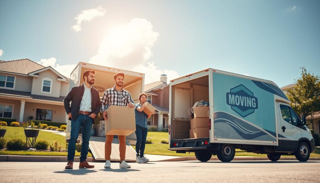 A professional moving company scene set against the backdrop of a sunny Texas day. In the foreground, a diverse group of three movers dressed in smart, casual attire, confidently loading a branded moving truck, showcasing teamwork and efficiency. The middle ground features an attractive suburban neighborhood with well-manicured lawns and traditional Texas homes, infusing a sense of community and reliability. In the background, a clear blue sky with a few fluffy clouds, highlighting a feeling of optimism and trust. Soft, natural lighting enhances the scene, with a focus on a slight upward angle to emphasize the movers' activity and professionalism. The overall mood is supportive and energetic, capturing the essence of a trusted, reliable moving service. A professional moving company scene set against the backdrop of a sunny Texas day. In the foreground, a diverse group of three movers dressed in smart, casual attire, confidently loading a branded moving truck, showcasing teamwork and efficiency. The middle ground features an attractive suburban neighborhood with well-manicured lawns and traditional Texas homes, infusing a sense of community and reliability. In the background, a clear blue sky with a few fluffy clouds, highlighting a feeling of optimism and trust. Soft, natural lighting enhances the scene, with a focus on a slight upward angle to emphasize the movers' activity and professionalism. The overall mood is supportive and energetic, capturing the essence of a trusted, reliable moving service.