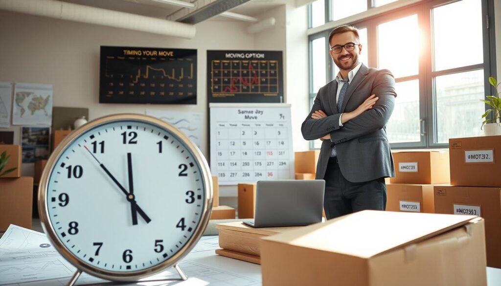 A professional moving consultant, dressed in business attire, stands confidently in a bright, modern office setting filled with moving plans and charts. In the foreground, a large clock symbolizes "timing your move," its hands indicating the importance of smart scheduling. In the middle ground, a digital calendar and a laptop display data on same-day moving options, surrounded by neatly arranged boxes labeled for easy identification. The background features large windows with sunlight streaming in, casting a warm glow over the scene, suggesting a productive atmosphere. The overall mood is focused and optimistic, emphasizing the strategic aspects of planning a move. The angle is slightly elevated to capture the office layout and emphasize the consultant's engagement with the moving process. A professional moving consultant, dressed in business attire, stands confidently in a bright, modern office setting filled with moving plans and charts. In the foreground, a large clock symbolizes "timing your move," its hands indicating the importance of smart scheduling. In the middle ground, a digital calendar and a laptop display data on same-day moving options, surrounded by neatly arranged boxes labeled for easy identification. The background features large windows with sunlight streaming in, casting a warm glow over the scene, suggesting a productive atmosphere. The overall mood is focused and optimistic, emphasizing the strategic aspects of planning a move. The angle is slightly elevated to capture the office layout and emphasize the consultant's engagement with the moving process.