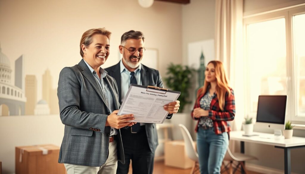 A professional moving estimate scene depicting a cheerful homeowner and a friendly moving consultant engaged in discussion, positioned in the foreground. The consultant, dressed in a smart business outfit, holds a clipboard with detailed moving costs, while the homeowner, in comfortable casual attire, reviews the document with interest. In the middle ground, a smooth, well-organized office space reflects professionalism, featuring a desk with a computer, a potted plant, and bright natural light streaming through a window. In the background, graphics of Austin and Pasadena landmarks subtly faded in a soft-focus, creating a vibrant but unobtrusive atmosphere. The overall mood is uplifting and informative, with warm lighting emphasizing a sense of trust and readiness. The angle captures the interaction and the welcoming environment effectively.