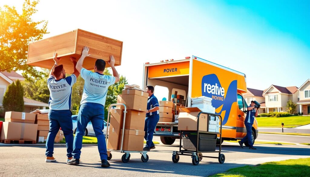 A professional moving service in action, showcasing a busy team of movers in branded uniforms. In the foreground, two movers are carefully lifting a large wooden furniture piece, using proper lifting techniques, while a third mover manages a cart with neatly stacked boxes. In the middle ground, a brightly colored moving truck with the company's logo is parked nearby, surrounded by neatly organized moving supplies. The background features a suburban neighborhood with green lawns and a clear blue sky, indicating a sunny day with soft, warm lighting. Capture the atmosphere of reliability and efficiency, with a focus on teamwork and professionalism, using a straightforward perspective that emphasizes action. No text overlays or watermarks should be included.