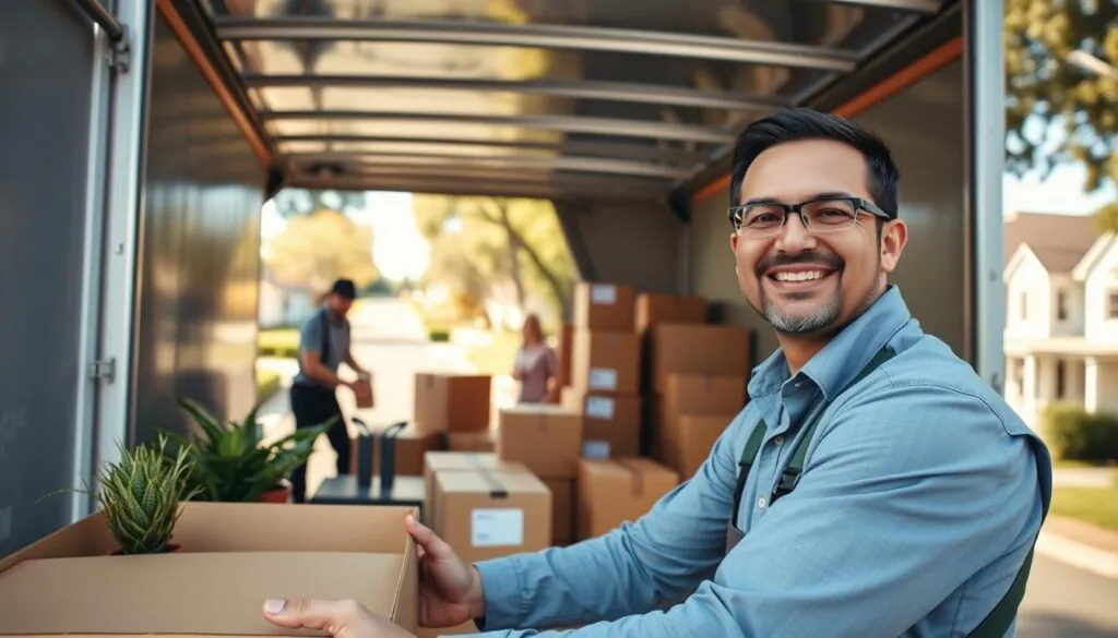 A professional moving team, dressed in clean, business attire, carefully loading furniture and boxes into a spacious moving truck. In the foreground, focus on a smiling mover organizing items like potted plants and packing materials, showcasing a sense of care and expertise. In the middle, the truck's open rear doors reveal neatly stacked boxes labeled for their destination. In the background, a sunny day over a suburban neighborhood, with houses and trees lining a peaceful street, sets a welcoming scene. Soft sunlight filters through the trees, casting gentle shadows, while a wide-angle perspective emphasizes the scale of the move. The overall atmosphere is friendly, efficient, and reassuring, illustrating a smooth and professional moving experience. A professional moving team, dressed in clean, business attire, carefully loading furniture and boxes into a spacious moving truck. In the foreground, focus on a smiling mover organizing items like potted plants and packing materials, showcasing a sense of care and expertise. In the middle, the truck's open rear doors reveal neatly stacked boxes labeled for their destination. In the background, a sunny day over a suburban neighborhood, with houses and trees lining a peaceful street, sets a welcoming scene. Soft sunlight filters through the trees, casting gentle shadows, while a wide-angle perspective emphasizes the scale of the move. The overall atmosphere is friendly, efficient, and reassuring, illustrating a smooth and professional moving experience.