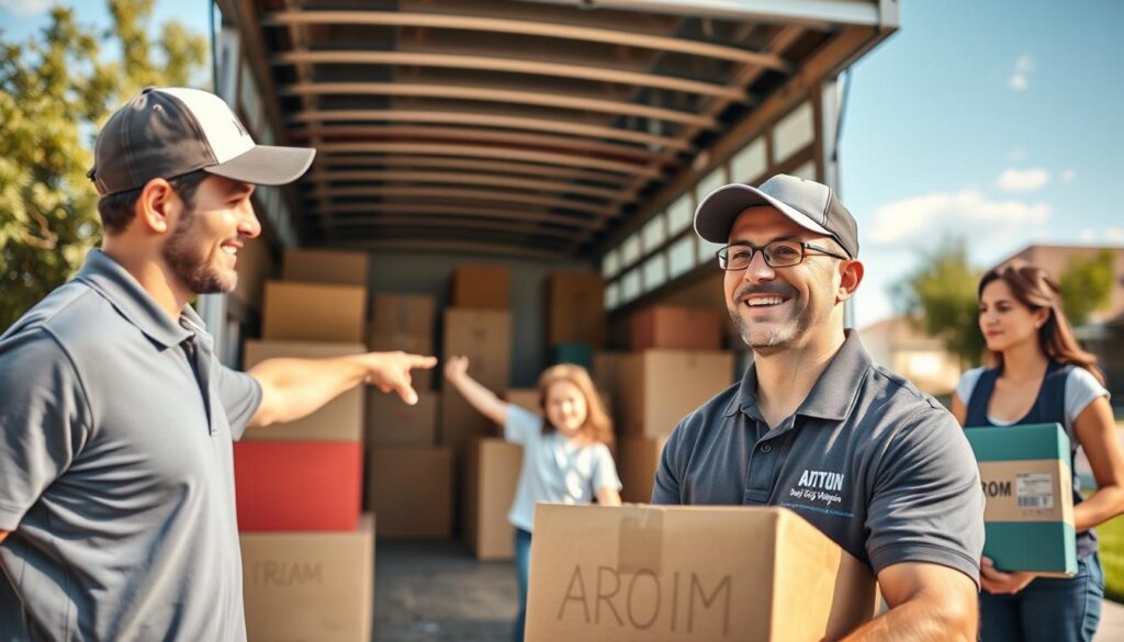 A professional moving team expertly loading a moving truck with carefully packed boxes labeled for various rooms. In the foreground, a smiling mover in a branded polo shirt and cap assists a family as they point toward the truck, showcasing a sense of collaboration and trust. In the middle ground, the moving truck is open, filled with neatly arranged, colored boxes and furniture, indicating tailored moving solutions for different needs. The background features a suburban setting in Austin with a clear blue sky and trees, symbolizing the route to San Marcos. The lighting is warm and inviting, suggesting a sunny day, with a wide-angle perspective that captures the bustling and professional atmosphere of the moving service.