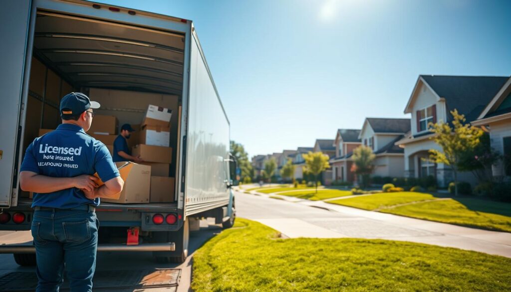 A professional moving team in Cedar Park, Texas, busy loading a moving truck with boxes and furniture, showcasing a sense of trust and reliability. In the foreground, two movers in professional attire, labeled as "licensed" and “insured,” are carefully handling items with a clipboard visible, indicating background-checked professionalism. In the middle ground, the moving truck is parked against a backdrop of a serene suburban neighborhood with manicured lawns and well-kept homes under clear blue skies. Soft, natural lighting highlights the scene, with a slight lens flare effect to evoke a warm, inviting atmosphere. The overall mood conveys safety, trust, and a stress-free moving experience, emphasizing reliability and professionalism in local moving services.