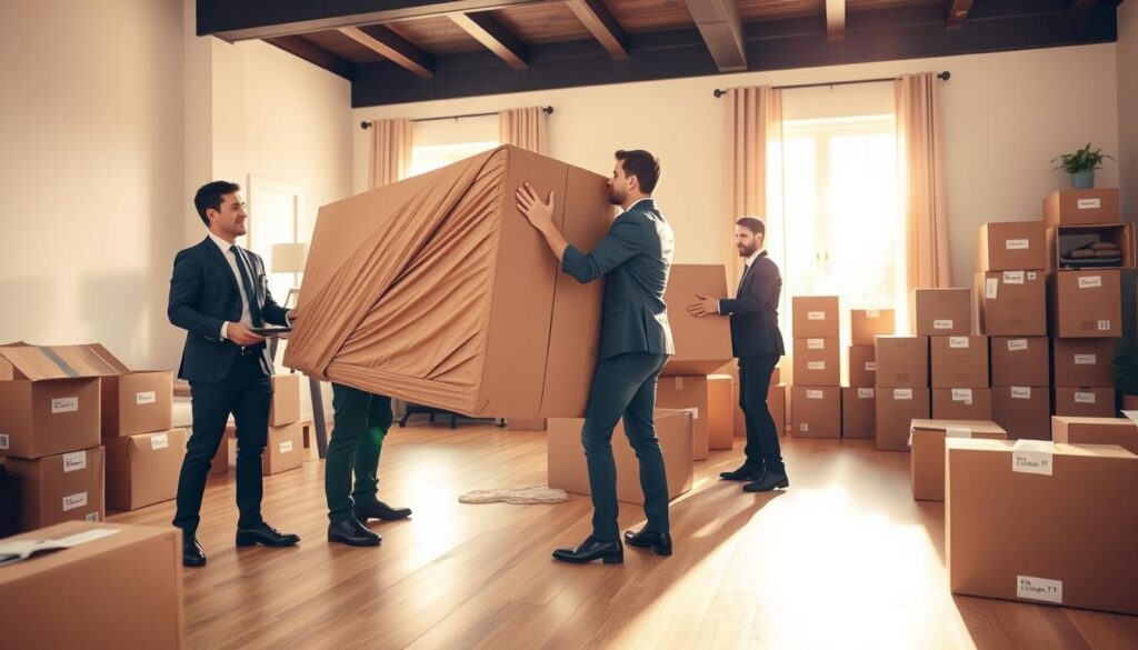 A professional moving team in business attire carefully packing boxes in a bright, spacious living room, showcasing a variety of household items. In the foreground, movers are seen lifting a large, wrapped piece of furniture with focused expressions, while in the middle ground, neatly stacked boxes labeled for organization line the walls. The background features a sunny window that casts warm, inviting light, creating a sense of energy and optimism. The overall atmosphere is one of professionalism and trust, encapsulating the step-by-step moving process. The image is captured from a slightly elevated angle to provide depth and context to the scene, emphasizing teamwork and coordination. A professional moving team in business attire carefully packing boxes in a bright, spacious living room, showcasing a variety of household items. In the foreground, movers are seen lifting a large, wrapped piece of furniture with focused expressions, while in the middle ground, neatly stacked boxes labeled for organization line the walls. The background features a sunny window that casts warm, inviting light, creating a sense of energy and optimism. The overall atmosphere is one of professionalism and trust, encapsulating the step-by-step moving process. The image is captured from a slightly elevated angle to provide depth and context to the scene, emphasizing teamwork and coordination.