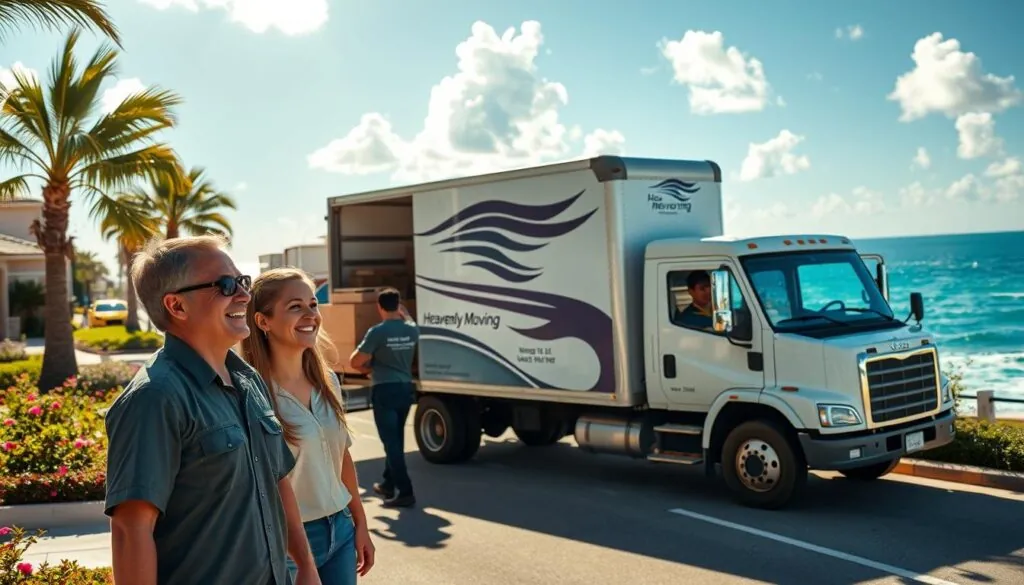 A professional moving team in neat uniforms is carefully loading a truck with household items in a sunlit coastal setting, symbolizing trust and reliability. In the foreground, a smiling family looks relieved and happy as they watch the movers, illustrating satisfaction and peace of mind. The middle ground features the well-branded Heavenly Moving truck, parked on a scenic street lined with palm trees and flowering plants, evoking a vibrant coastal atmosphere. In the background, the shimmering blue waves of Corpus Christi's coastline can be seen under a bright blue sky with fluffy clouds. Soft, warm lighting enhances the cheerful mood, conveying a sense of professionalism and care that attracts customers to Heavenly Moving. The image should be captured with a wide angle to give a sense of space and community.