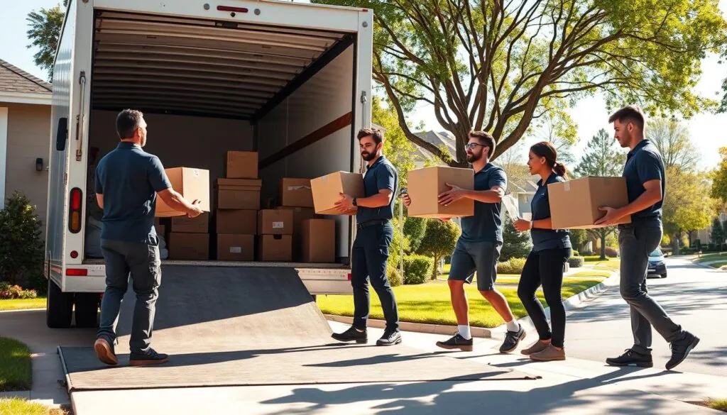 A professional moving team in smart uniforms carefully loading household items into a moving truck at a bright and welcoming suburban home. In the foreground, a strong, diverse group of movers are gently lifting boxes and furniture, showcasing teamwork and efficiency. The middle ground features an open, organized moving truck, its doors wide, with neatly packed belongings visible inside. The background displays a sunny neighborhood street with lush trees and well-kept lawns, enhancing the feeling of community. Bright, natural lighting casts soft shadows, and the angle captures the action in a dynamic yet peaceful manner. The overall mood is one of reliability, care, and a smooth transition from one home to another. A professional moving team in smart uniforms carefully loading household items into a moving truck at a bright and welcoming suburban home. In the foreground, a strong, diverse group of movers are gently lifting boxes and furniture, showcasing teamwork and efficiency. The middle ground features an open, organized moving truck, its doors wide, with neatly packed belongings visible inside. The background displays a sunny neighborhood street with lush trees and well-kept lawns, enhancing the feeling of community. Bright, natural lighting casts soft shadows, and the angle captures the action in a dynamic yet peaceful manner. The overall mood is one of reliability, care, and a smooth transition from one home to another.