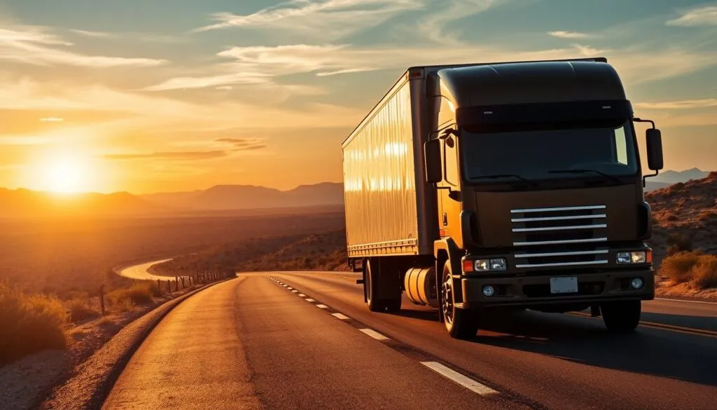 A professional moving truck on a scenic highway stretching from Austin to El Paso, symbolizing route expertise and reliability. In the foreground, the truck is adorned with the logo of a moving company, showcasing its sturdy design and well-maintained appearance. The middle ground features a winding road lined with desert vegetation and distant mountains, suggesting the journey ahead. In the background, the sky is painted with warm hues of orange and blue, reflecting a late afternoon sun that casts long shadows and creates a golden glow. The atmosphere is calm yet purposeful, conveying a sense of trust and efficiency associated with long-distance moving. Use a wide-angle lens perspective to emphasize the vastness of the route, ensuring the composition feels expansive and open.