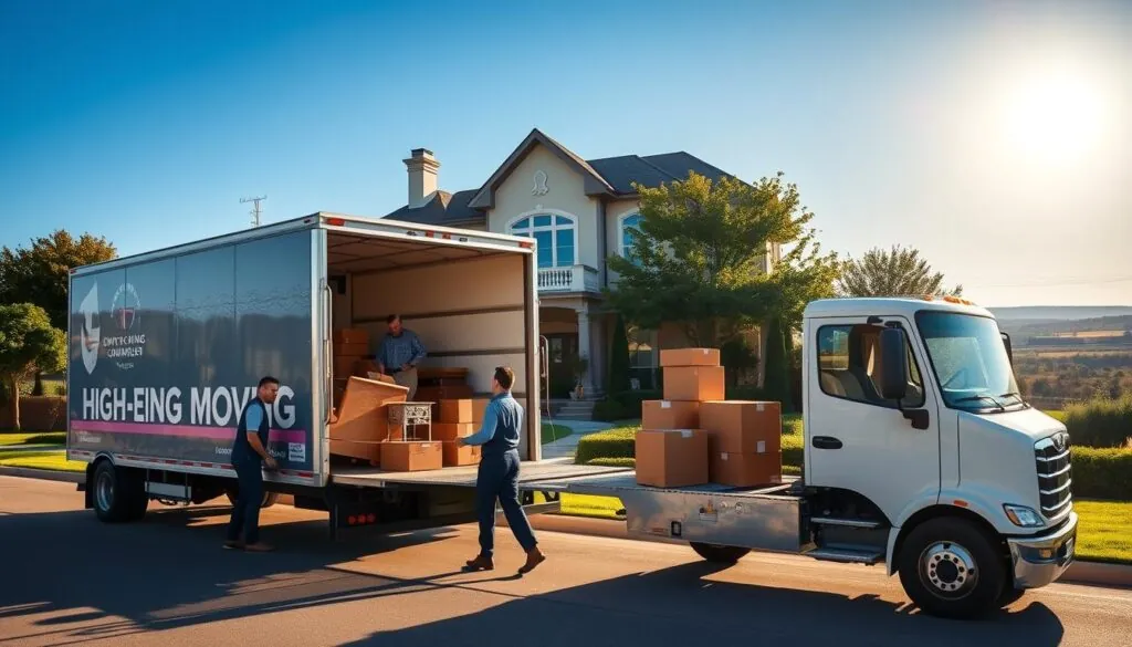A professional moving truck parked in front of a beautiful, upscale home in West Lake Hills, Texas, capturing the essence of high-end moving service. In the foreground, a friendly, dressed-in-business-casual attire moving crew carefully handles high-end furniture and boxes, showcasing expertise and care. The middle ground features an elegant house with lush greenery and manicured lawns, typical of the affluent neighborhood. In the background, the beautiful Texas Hill Country sprawls under a clear blue sky, with bright sunlight illuminating the scene. The image conveys a sense of professionalism, reliability, and warmth, ideal for a high-end moving service article. Use a wide-angle lens to capture the entire scene from a slightly elevated angle, enhancing the spaciousness and beauty of the location.